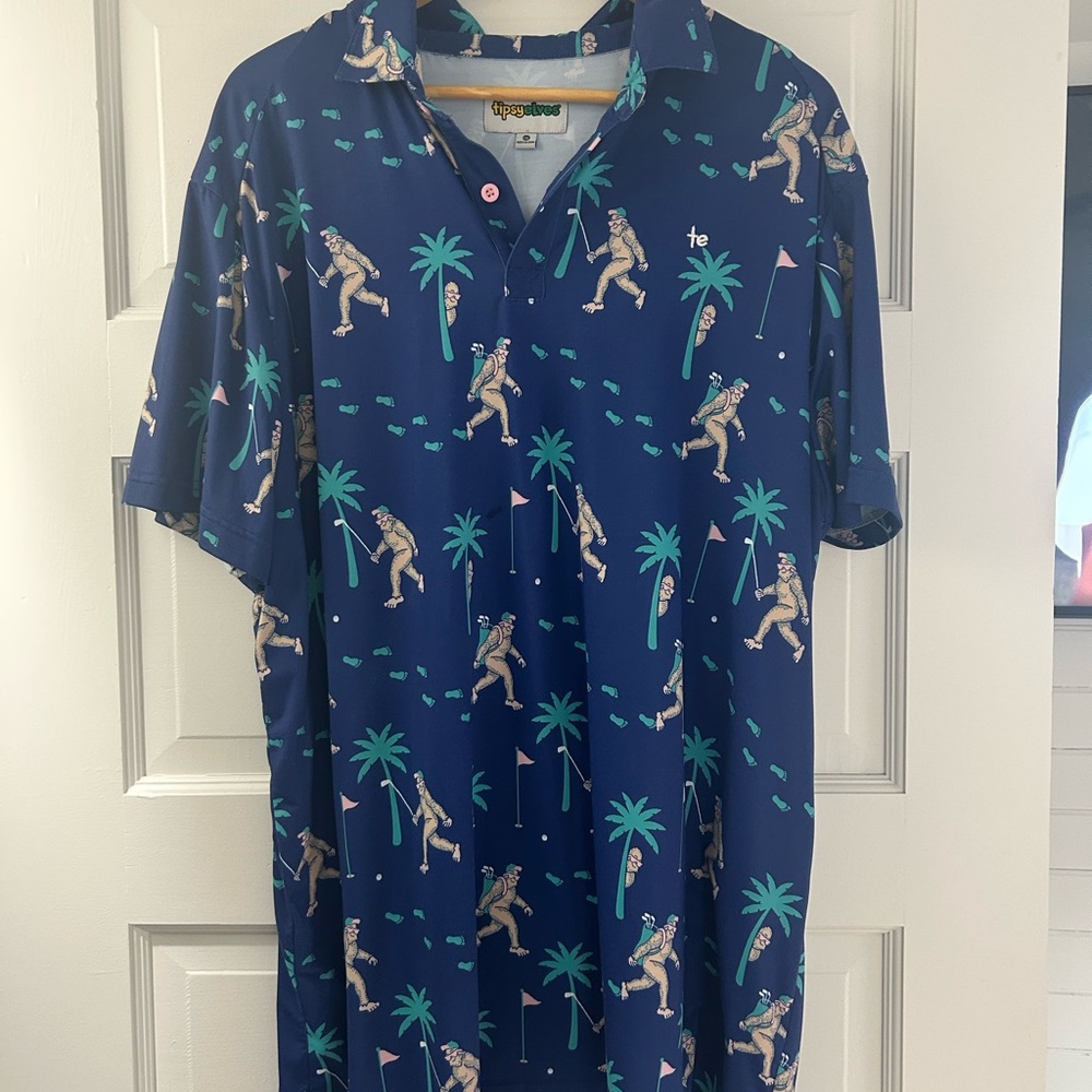 Navy Tropical Golf Polo with Palm Tree & Golfer Print Tipsy Elves